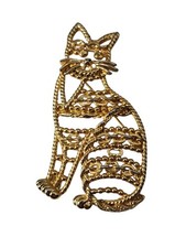 Vintage Signed AJC Gold Tone Chain Whiskers Cute Cat Kitty Brooch Pin picture