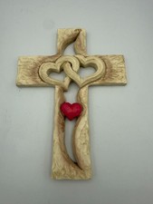 Faux Carved Wood Interlocking Hearts Wall Cross Red Heart Resin Decor 7.5 Inch picture