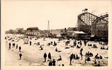 Old Orchard Beach ME Crowded Beach Roller Coaster Amusement Park RPPC Postcard picture