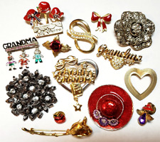 LOT of 14 Vintage BROOCHES / PINS ~ GRANDMA Enamel Red Hat ROSES Heart ANGEL Etc picture