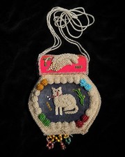 Antique Mohawk Haudenosaunee Raised Beadwork Cat Bird Box Purse c1900 picture