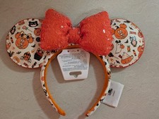 Disney Parks Halloween 2026 White w Orange Sequin Bow Minnie Ears Headband New picture
