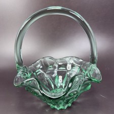 Vintage 1990s Fenton Sea Mist Green Glass Basket Ruffle Edge Bowl W Handle VTG picture