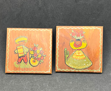 Vintage Mexican Folk Art Painted Wood Wall Plaques Set Mid Century Siesta Boy picture