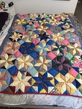 Vintage Handmade Patchwork Puffy Star Faded, Color Flaws, Twin Quilt 74”x57” picture