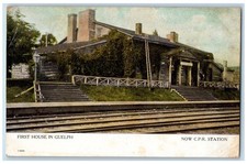 View Of First House In Guelph Now C.P.R. Station Ontario Canada Vintage Postcard picture