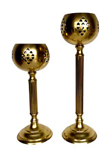 Pair 2 Mid-Century Modern Pierced Heart Stemmed Brass Candle Holders 14
