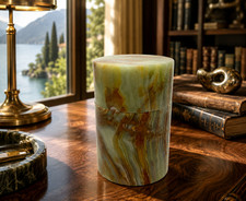 Vintage Banded Onyx Cylinder Lidded Trinket Box Green Caramel Natural Stone picture