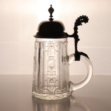 Antique c1900 Pressed Glass Beer Stein Pewter Lid Monogram FJ 8.25in picture
