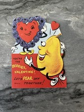 Vintage Rare Valentine Card Anthropomorphic Pear Berries Fruit Heart Cute Kitsch picture