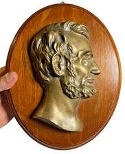 Antique Solid Brass Abraham Lincoln Bust Wall Plaque on Wood Board Presidential picture
