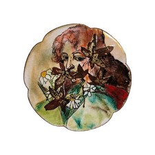 Vintage Hand Painted Art Nouveau Style Lady & Flower Enamel on Copper Plate MCM picture
