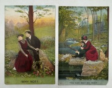 2 Vintage Postcards Romantic Lover Scenes You Can Bait My Hook-Why Not? Bamforth picture