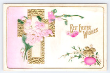 c1910 Best Easter Wishes Floral Cross Chick Embossed Gold Gilded Postcard picture
