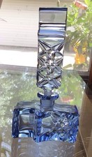 Vintage Blue Czech Bohemiam Cut Glass Perfume Bottle.  6” Tall. picture