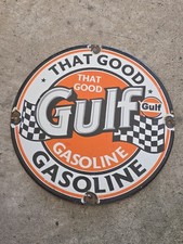VINTAGE “THAT GOOD GULF “GASOLINE PORCELAIN GAS PUMP MOTOR OIL SIGN 12