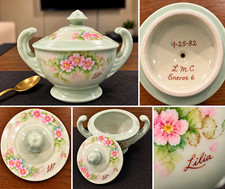 Lilia Green Pink White Floral Glazed Ceramic Sugar Bowl w/ Lid Handles picture