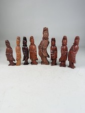 8 Vintage Chinese Carved Wood Figures Immortals Maidens Boxwood Statue Lot picture