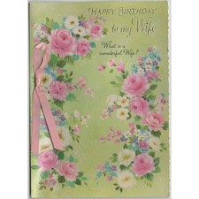 Vintage 1950s-60s Norcross Birthday Card Wife Pink Roses Ribbon Signed picture