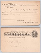 1897 R. C. Williams & Co. New York Postal Card Receipt Warwick NY Postmark picture