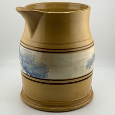 Antique 19thC Yellowware Pitcher with Mocha Stripes Seaweed Decoration DAMAGE picture