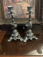 PAIR SILVERED BRONZE FIGURAL NEOCLASSICAL CANDLESTICKS C 1820s FRENCH picture