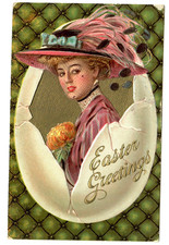 c.1911 Embossed Easter Greetings Postcard – Lady in Egg – (C035) picture