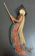 Halloween Handcrafted Corn Husk Flying Witch with Broomstick 20” Tall picture