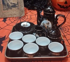Vintage Japanese's Fine China Tea Set Black Porcelain 1950-80s 16-piece picture