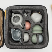 Chateau La Derive Ceramic Travel Tea Set Crackle Glaze Teapot Bamboo Tray Case picture
