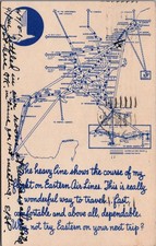 1951 Eastern Air Lines Route Map Postcard In Flight Washington DC to NYC picture