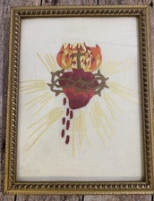 Vtg Hand Embroidered Sacred Heart 6x9 Framed Antique Religious Embroidery picture