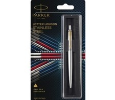 Parker Jotter Stainless Steel GT Gold Trim Fine Tip Blue Ink Ballpoint Ball Pen picture