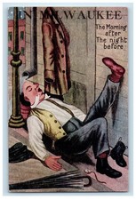 c1910's Drinking Drunk Worker Umbrella Funny Humor Milwaukee WI Postcard picture