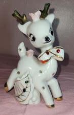 Vintage Walls White Porcelain Ceramic Deer Faux Gems Gold Trim Christmas  picture