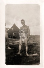 Male Beauty Gay Interest WW2 Bare Chest Outdoor Shower RPPC Photo Postcard COPY picture
