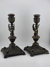 Ultra Rare 19th Century Egyptian Revival Gilt Bronze Sphinx Candlestick Holders picture