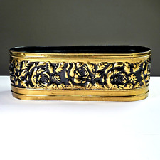 Vintage Brass and Black Planter Long Rose Flower Embossed Made in Japan 11x4.5in picture