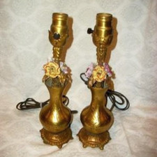 1920s French Bronze Porcelain Flowers Boudoir Lamps Ormolu Leaves Vase Antique picture