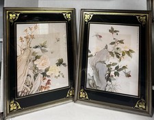 Pair Set Oriental Print Framed Birds / Dragonfly Floral Lee Tong Shaing Chang picture