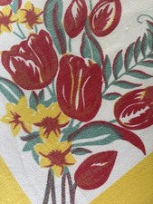 Stunning Vtg Tablecloth / Topper Red TULiPS Yellow Anemones Green VIBRANT 36x 34 picture