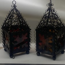 Vintage Punched Metal Arts And Crafts Lantern Set Magical picture