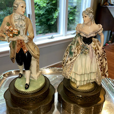Vintage Ornate Victorian Style Porcelain Figurines  Pierced Brass Base Pair Lot picture