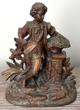 Antique Spelter Figurine Boy Holding Flower Basket Charming Heavy Vintage picture