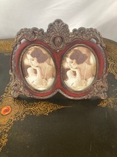 Vintage Double Oval Picture Frame Red Gold Ornate Victorian Style Resin 3x4.5