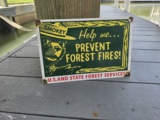 VINTAGE 1960'S SMOKEY THE BEAR HELP PREVENT FOREST FIRES  PORCELAIN SIGN 12 X 8. picture