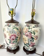 Pair Fredrick Cooper Style Raised Porcelain Floral Peony Hand Painted Lamps 27” picture