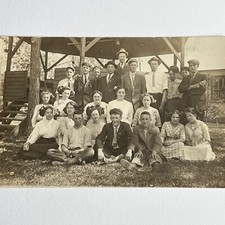 Antique RPPC Real Photograph Postcard Group Young Men & Women Outside Wonderful picture