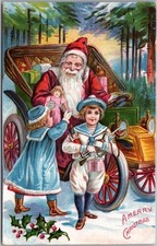 c1910s MERRY CHRISTMAS Postcard SANTA CLAUS with Boy & Girl / Automobile -UNUSED picture