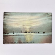 Hugh C Leighton Co 3496 Portland ME Moonlight On Portlands Harbor Vtg Postcard picture
